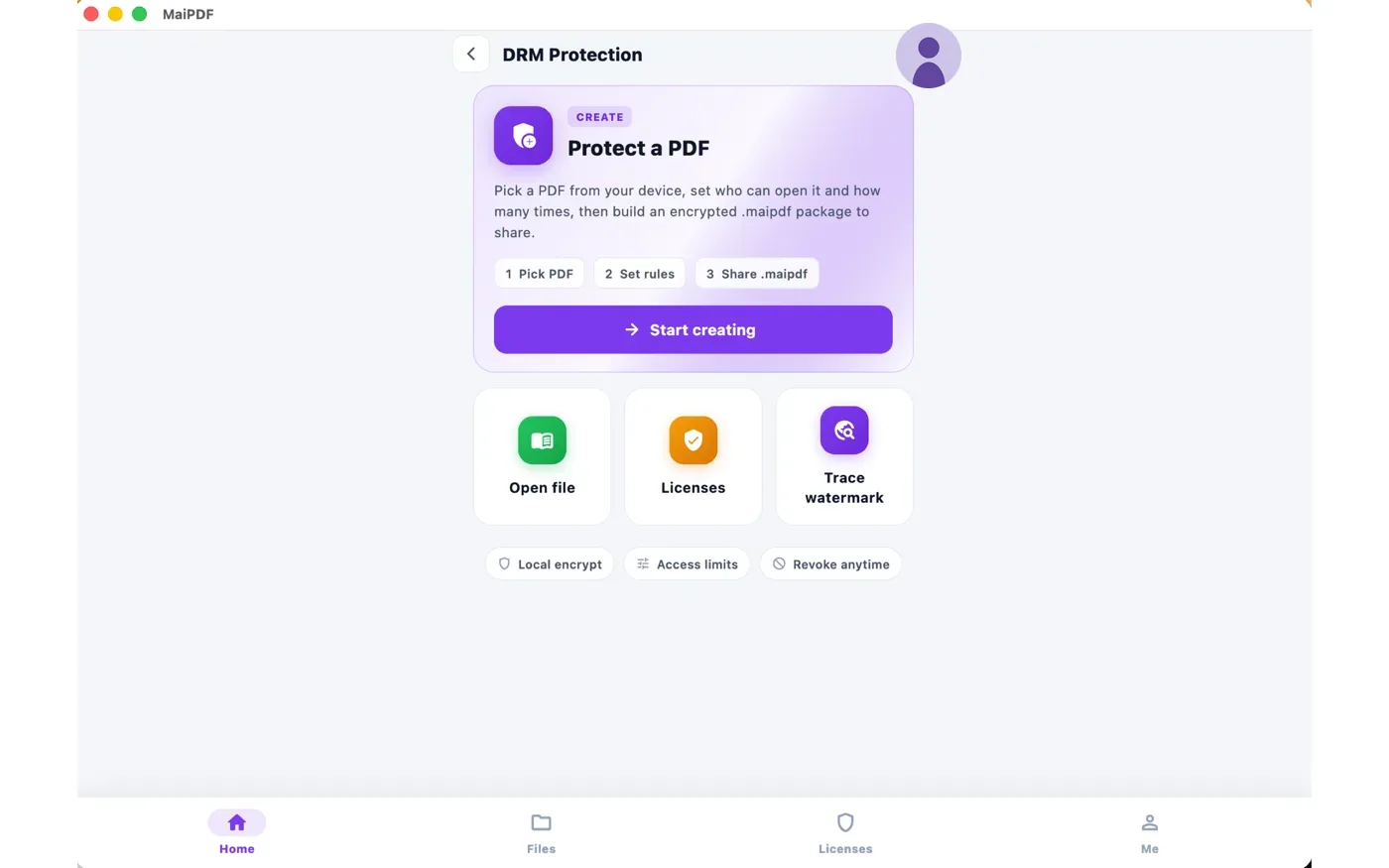 MaiPDF app DRM Protection screen with Protect a PDF, Open file, Licenses and Trace watermark