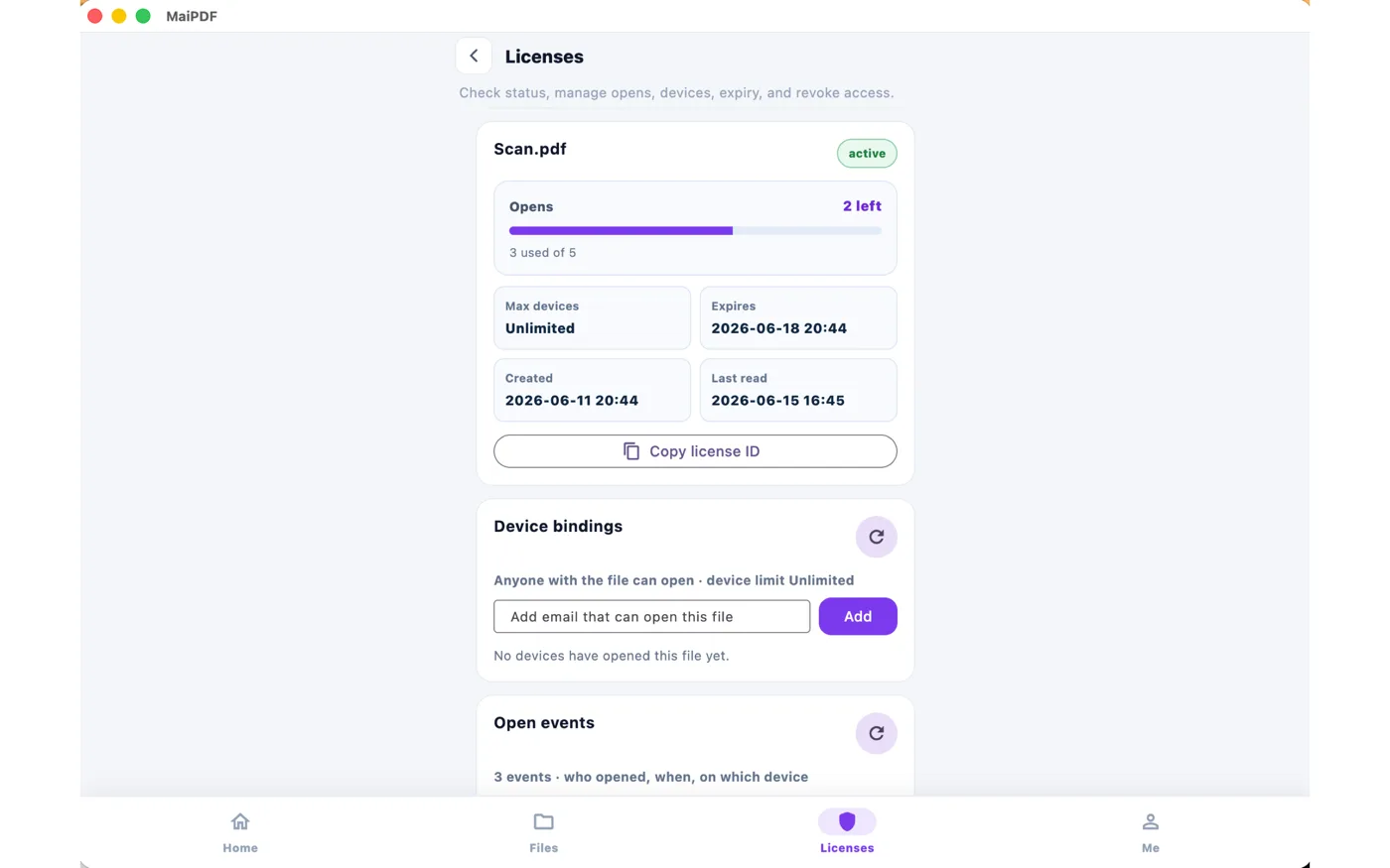 MaiPDF licence detail showing opens used, device limit, expiry, device bindings and open events
