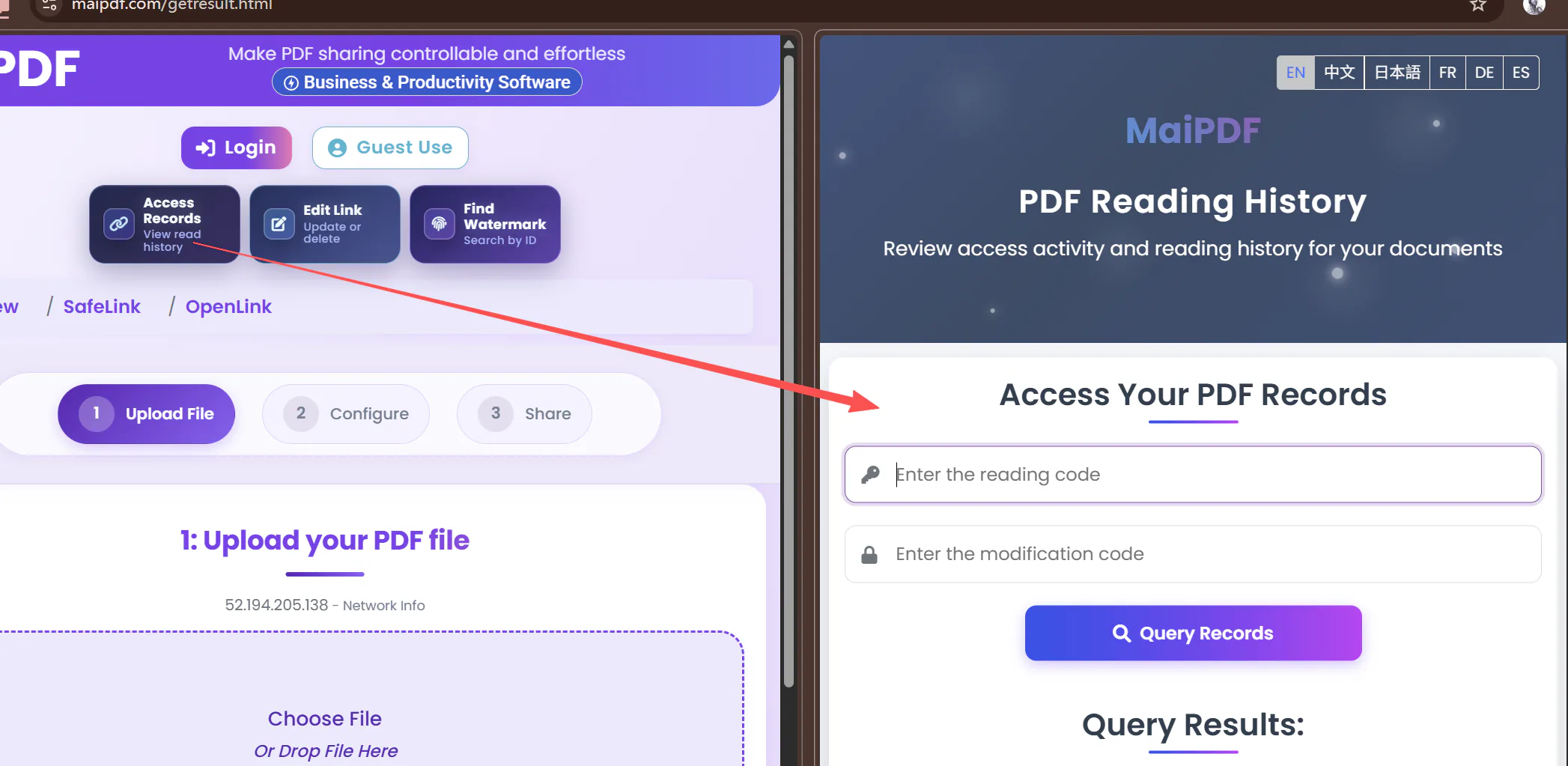 MaiPDF access records page — opens are still visible after the share has expired
